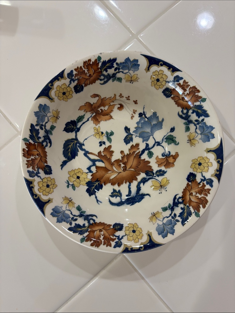 Floral Ceramic Serving Bowl in Blue, Brown, Yellow